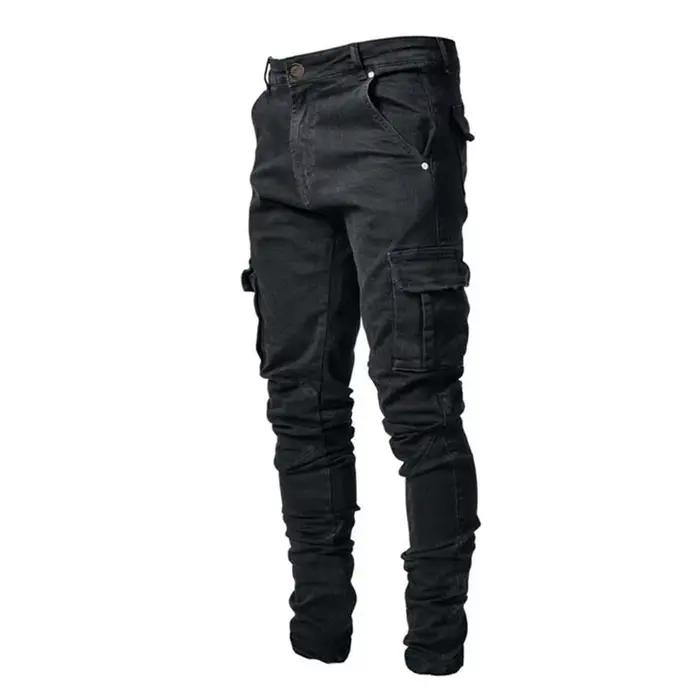 Jean en denim extensible de rue pour hommes, pantalon de travail multi-poches délavé de couleur unie