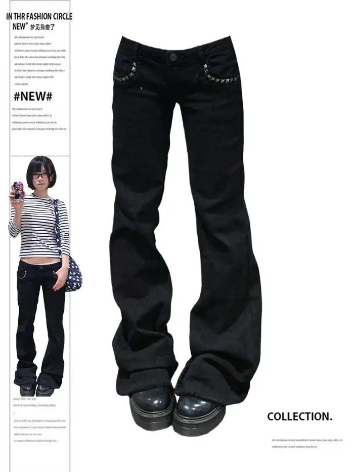 Jean taille basse pour femme, pantalon en Denim évasé noir, Gyaru américain rétro coréen Cyber Punk 