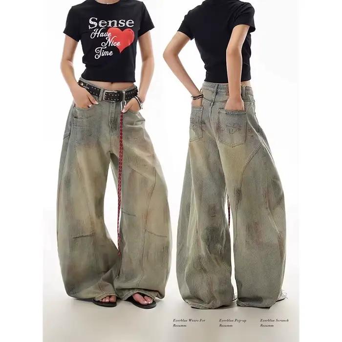 Jean bleu femme Hip-hop mode Vintage Streetwear Y2K jambe large Jean droit taille haute pantalon cla