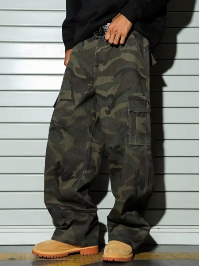 Jean cargo baggy vintage camouflage pour homme, style streetwear américain, coupe droite ample multi