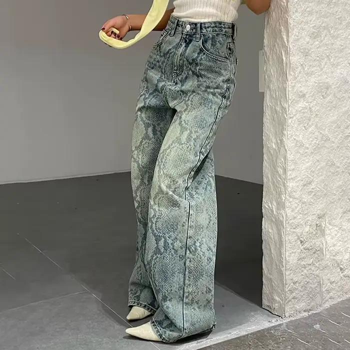 Jean Chic imprimé serpent pour femmes, ample, taille haute, large, fermeture éclair, jambe droite, p