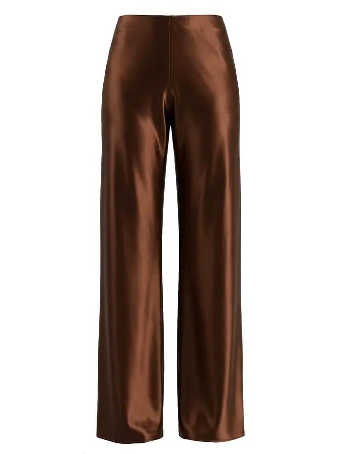 Pantalon droit pour femme, taille haute, en satin de soie, longueur intégrale, élégant, couleur cham