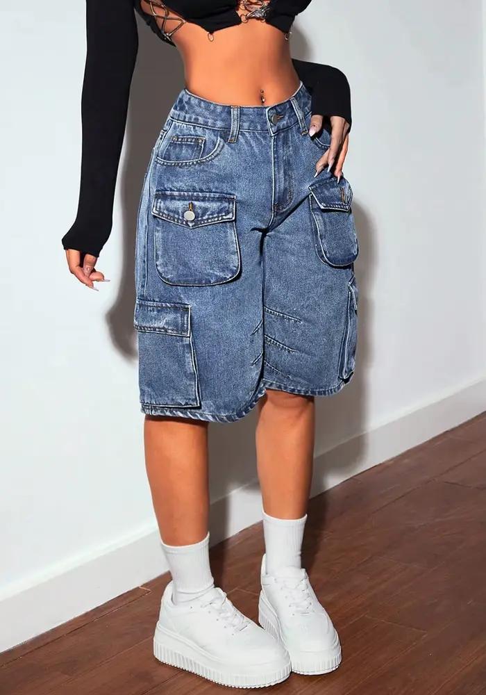 Shorts femmes genou longueur Cargo jean plusieurs poches taille haute lavé en détresse Streetwear 20