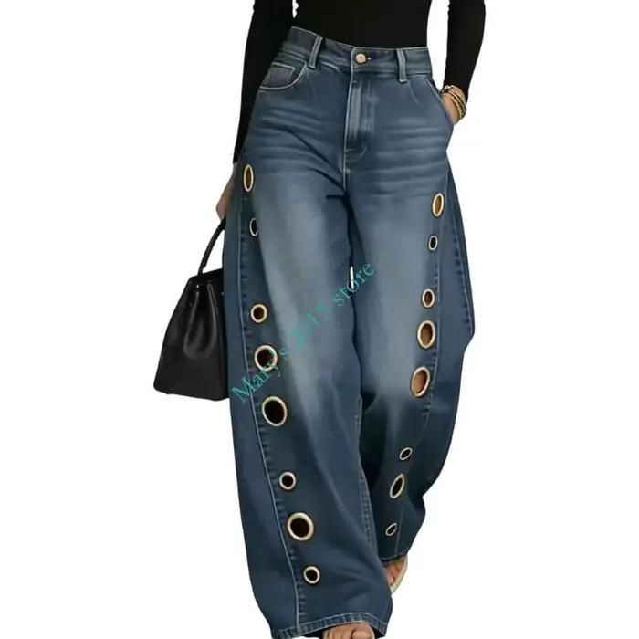 Pantalon coupe ample pour femmes, composant confortable avec décoration Unique en métal, rétro