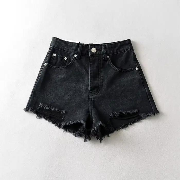 Short en Jean délavé à trous cassés pour femmes, mode avec pompon, bord brut, short en Jean décontra