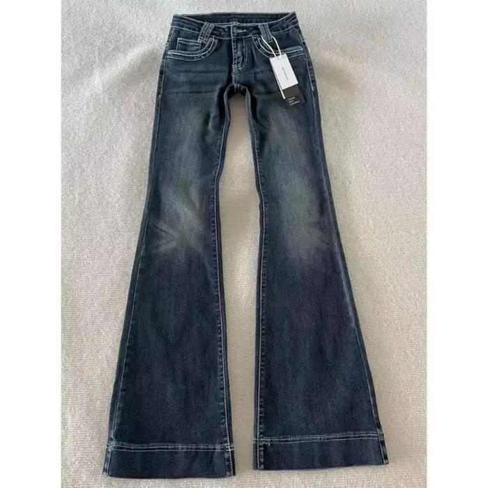 Jeans en denim taille basse pour femme, nouveau style, micro-évasés, drapés, en coton, décontractés,