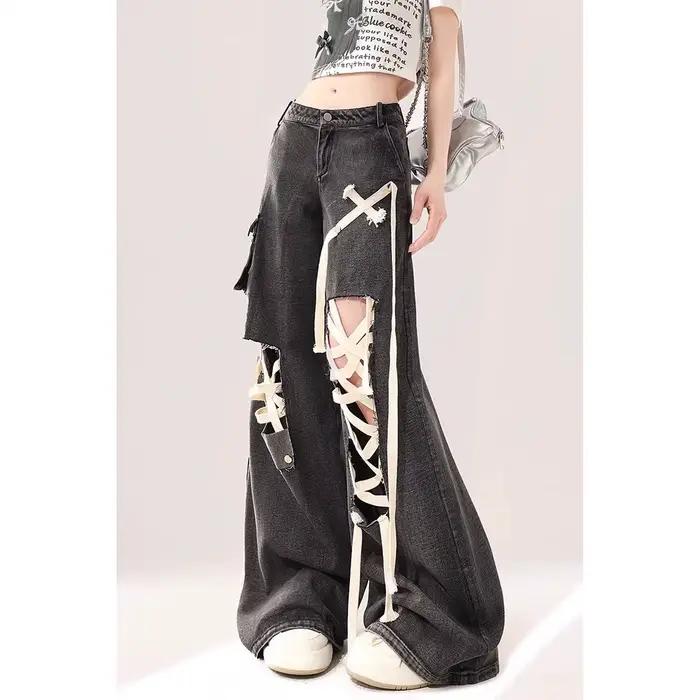Jean en Denim taille haute noir Vintage pour femmes, pantalon ample, jambes larges, longueur au sol,
