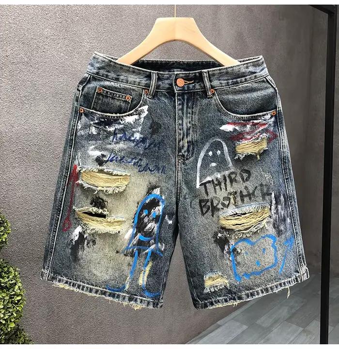 Jean court déchiré Hip Hop pour hommes, Short en Denim multicolore, graphique Harajuku Vintage, long