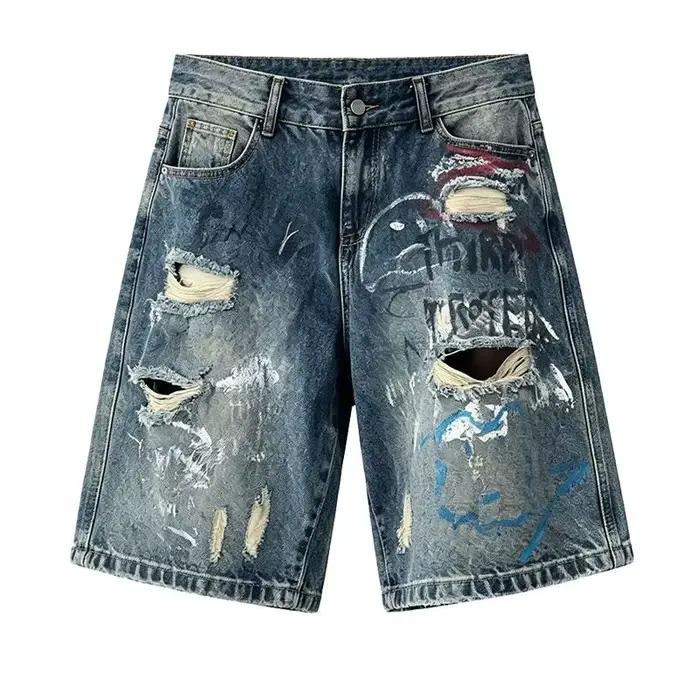 Shorts en jean déchirés multicolores pour hommes, style hip-hop, graphiques Harajuku, vintage, longu