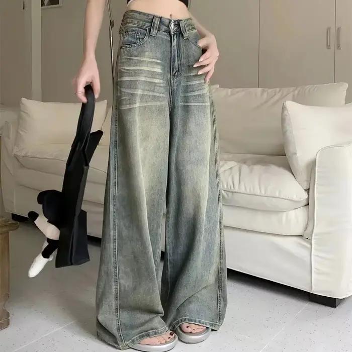 Jeans Y2K à jambe droite ample pour femmes, pantalon ample, coupe large, décontracté, taille haute, 