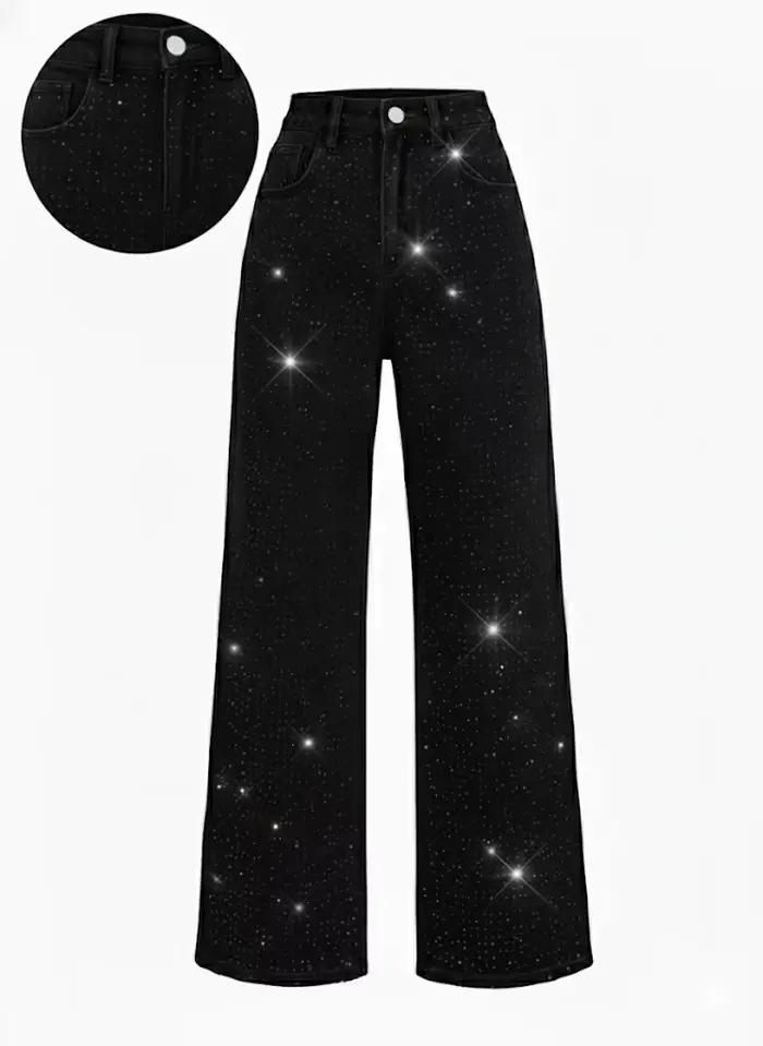 Femmes diamants épissé jean élégant décontracté taille Midi Denim pantalon solide poches bouton pant