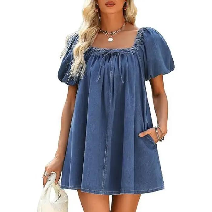    Femmes été Denim robes col carré manches bouffantes Jean Mini robe