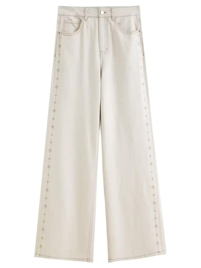 DUSHU 2024 – Jean droit brodé en mélange de lin blanc pour femme – Pantalon élégant et décontracté p