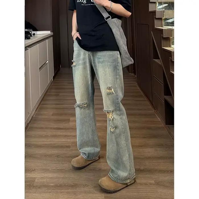 Pantalon homme, jeans baggy, jeans déchirés, coupe droite ample, style rétro, été, streetwear, décon