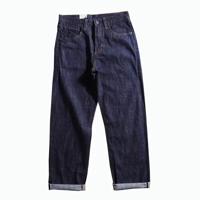 Jean en Denim délavé à lisière Indigo brut pour hommes, 100% coton, pantalon droit ample et lourd, r