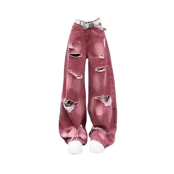 Jean Cargo Déchiré Rose Y2k pour Femme, Denim Harajuku, Style Vintage Japonais des Années 2000