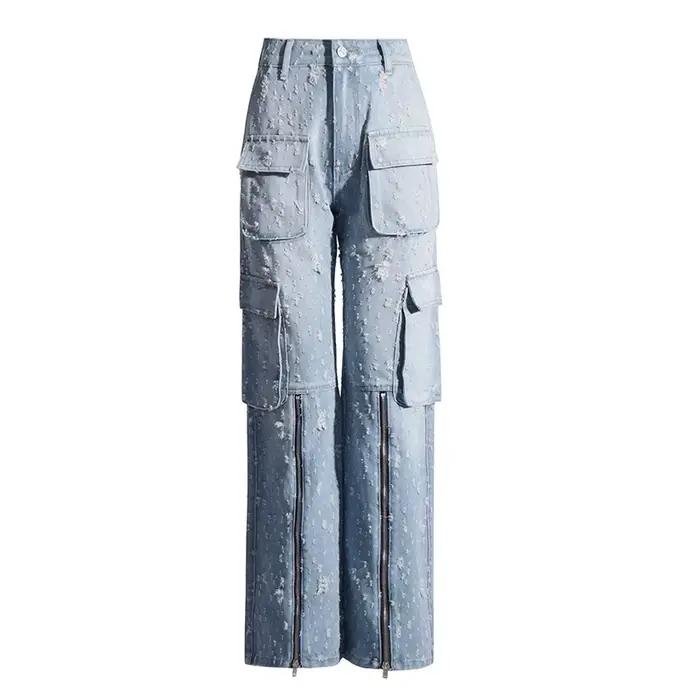 Jean droit déchiré style rétro américain pour femme, nouvelle collection printemps 2026, avec fermet