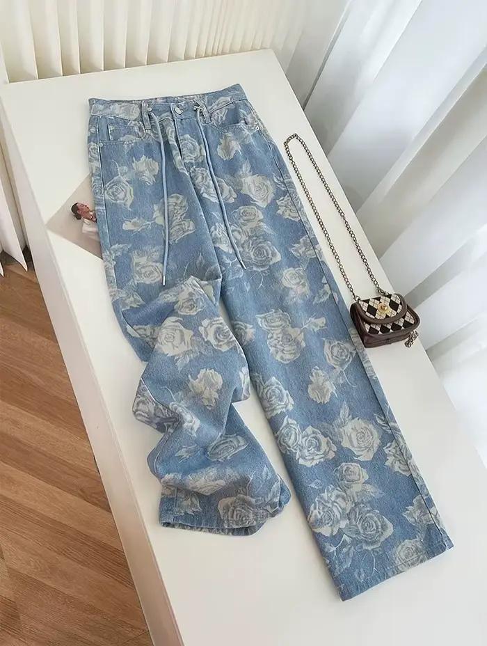 Harajuku femmes fleur motif imprimé jean mode haute rue pur coton élasticité droit Denim pantalon Ba