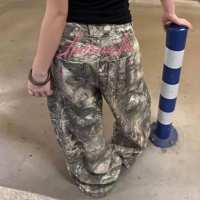 Jean baggy gothique pour femmes, style Y2K américain des années 2000, broderie, pantalon en jean vin