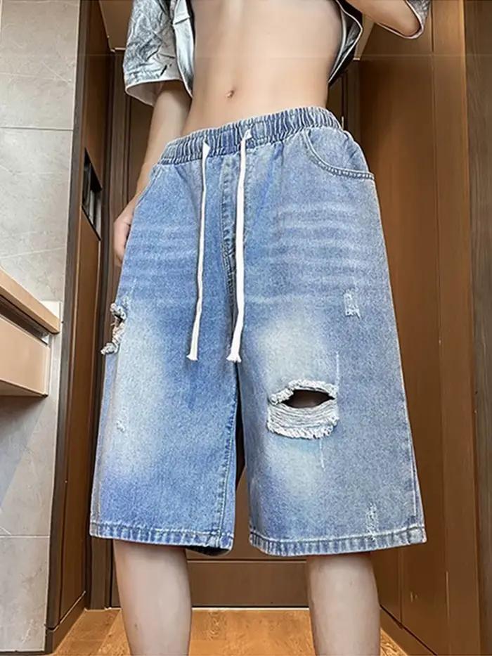 DistMurcia-Short en Denim Déchiré pour Homme, Mode Rétro, Short, Jeans, Zones bre, Y2K Streetwear, B