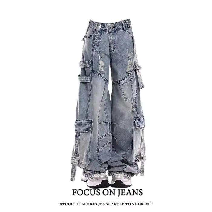 Unsiex Jeans 2026 printemps femmes rétro Cargo jean ceinturé déchiré jambe incurvée Multi poche irré