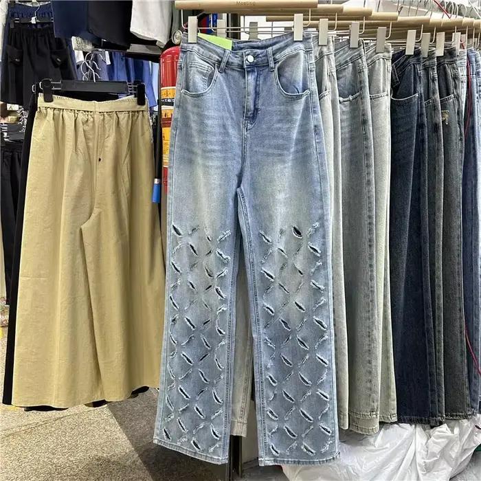 Jeans pour femmes à taille haute, personnalisés, avec design perforé, élastiques, pantalons larges à