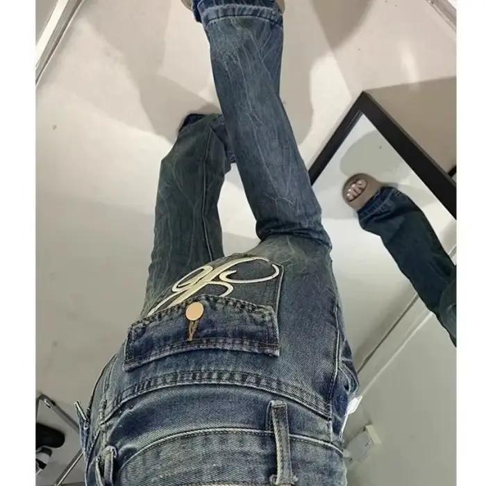 Jean évasé taille basse pour femme, taille M, style rétro américain brodé, pantalon long amincissant