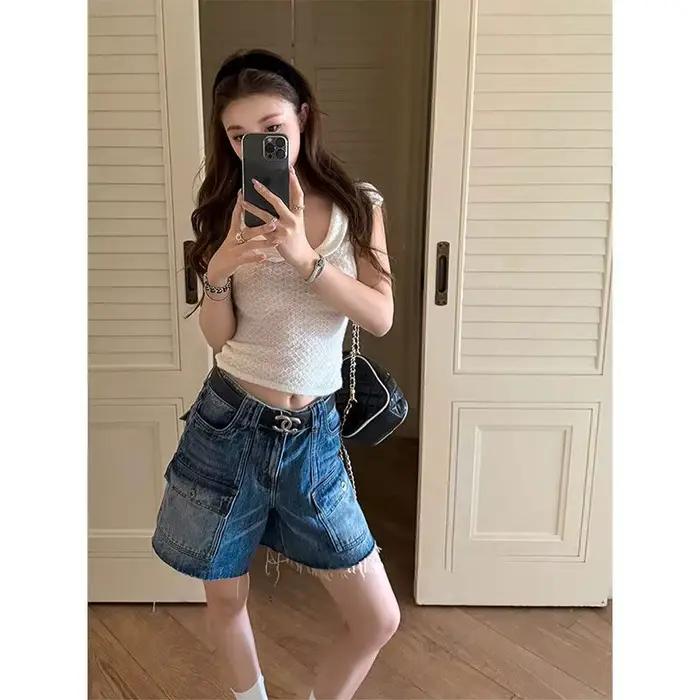 Short en jean cargo droit délavé style rétro pour femme - Nouvelle collection été