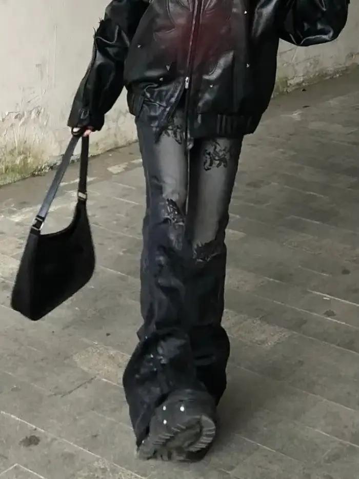 Jean Vintage brodé de fleurs pour femmes, pantalon évasé imprimé taille basse, Long, Dark Academia, 