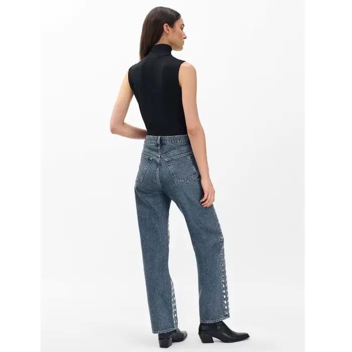 Jean droit vintage pour femme, orné de sequins argentés, coupe ample, en denim délavé, style rétro, 