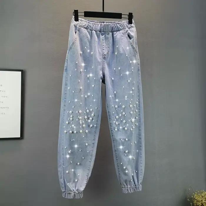 Jeans coréens taille haute pour femmes, pantalon en denim Haren, élastique, vintage, streetwear fémi