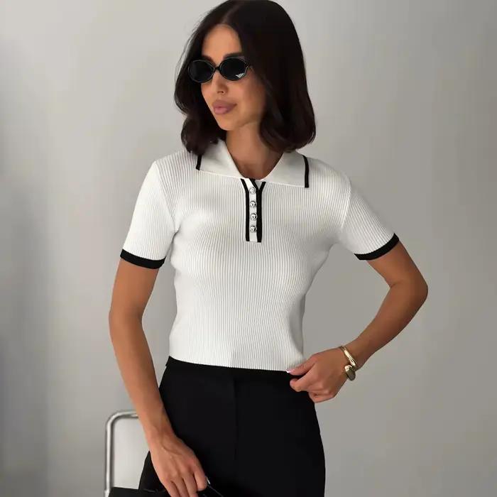 Pull Tuularose à manches courtes pour femmes, pull à revers élégant, t-shirt côtelé patchwork, à la 