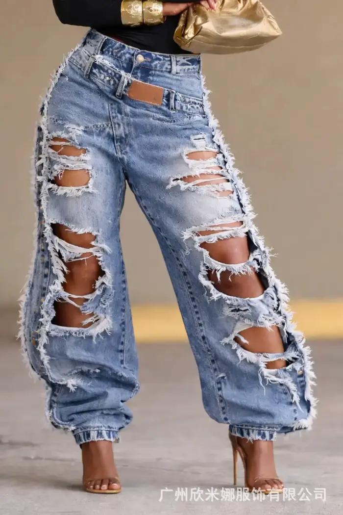 Nouveau Jean déchiré délavé pour femme, coupe droite ample, avec cordon de serrage à la cheville, en