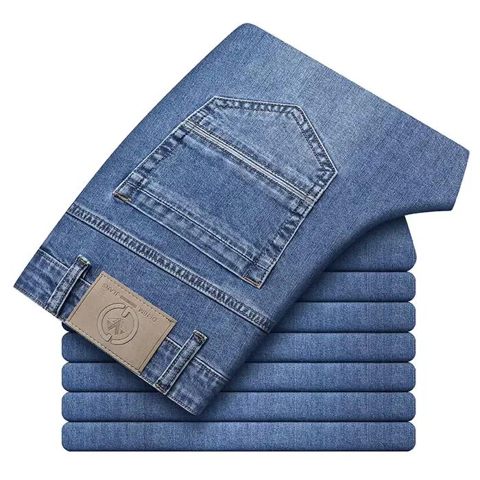 Jean fin effiloché gris pour homme, pantalon extensible, de marque, en coton, Style classique, tenda