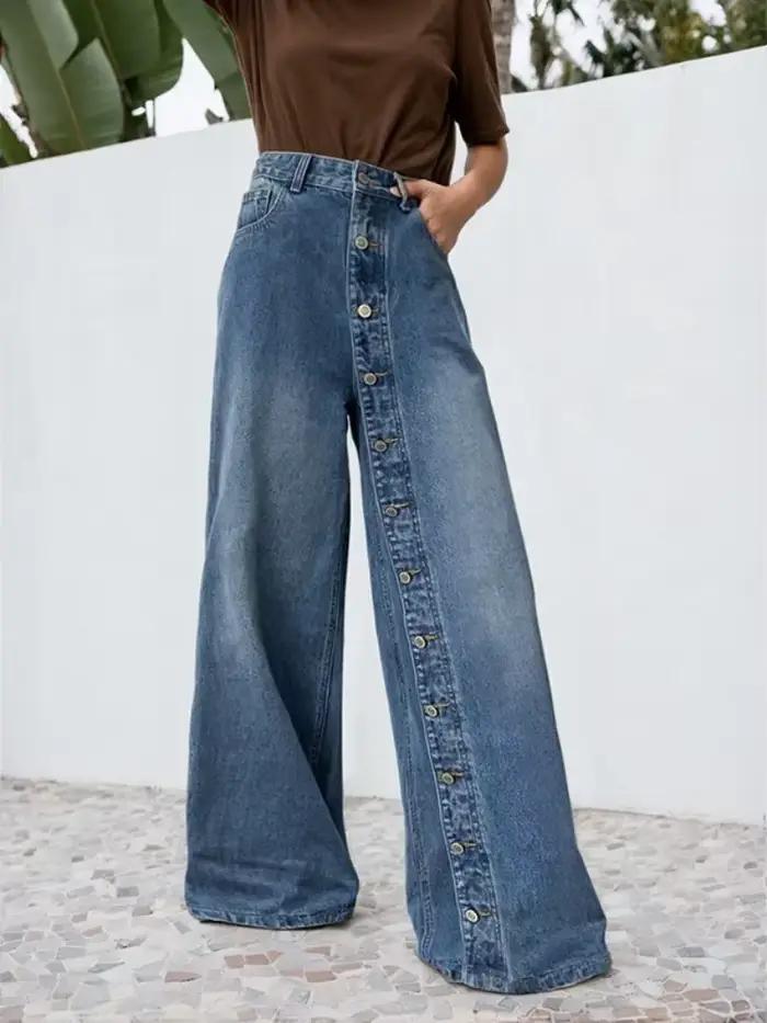 Krisstarsgirls 2025 nouveau pantalon en Jean Baggy femme printemps été poches boutonnées taille haut