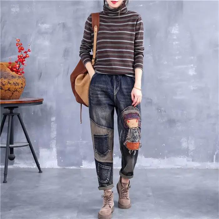 Jean denim élastique surdimensionné pour femme, pantalon sarouel décontracté, broderie patch FJAll-M