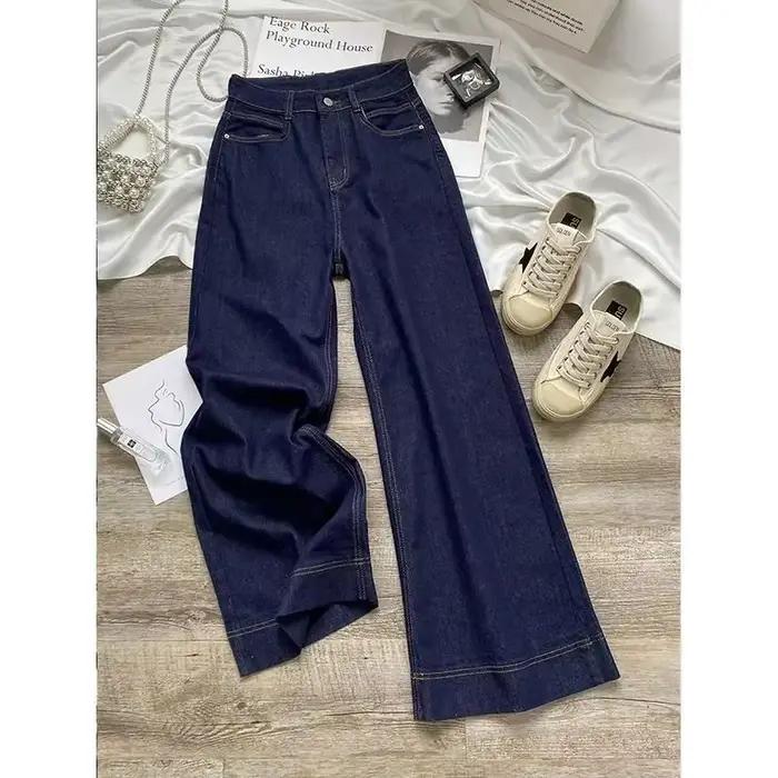 Jean droit bleu pour femmes, pantalon taille haute, amincissant, ample, tombant, jambes larges, débu