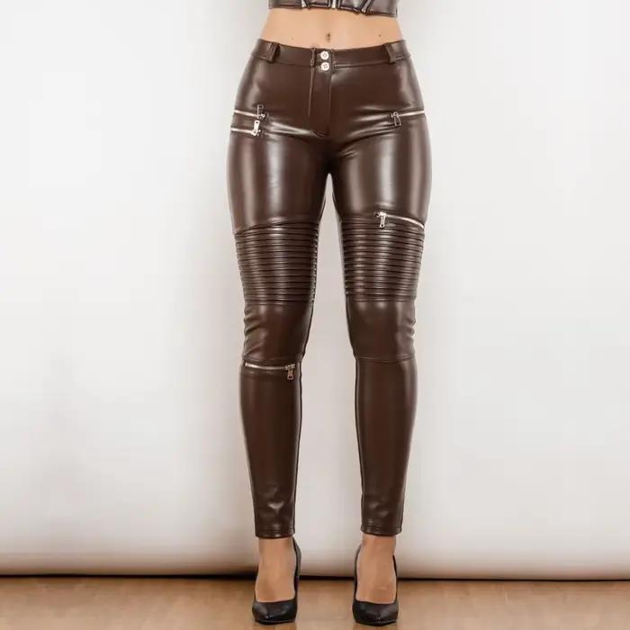 Shascullfites Pantalon en cuir PU marron pour femme Taille moyenne Skinny Moto Streetwear avec coutu