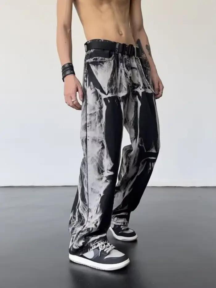 FJStreetwear-Jean de Cowboy pour Homme, Pantalon à Jambes Larges, Hip Hop, Goth, Coton Doux, Denim E