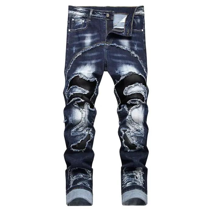 Hommes Patchwork Denim jean trous déchiré en détresse bleu foncé Stretch pantalon décontracté frange