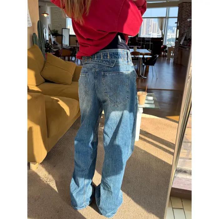 Jeans Design Bamboo, pantalon large et polyvalent à jambe droite et délavée pour femmes