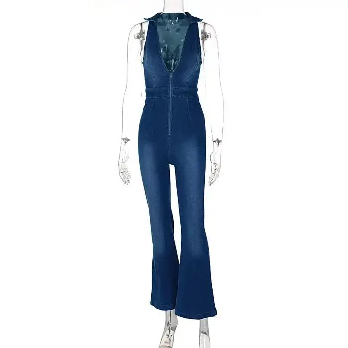 Combinaisons en jean sexy pour femmes, printemps-été, style halter, taille haute, coupe droite, vint
