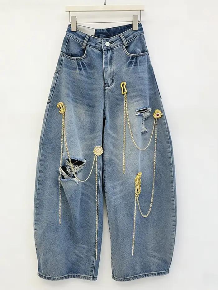 GALCAUR Jean décontracté pour femme, taille haute, patchwork, à poches contrastantes, avec franges e