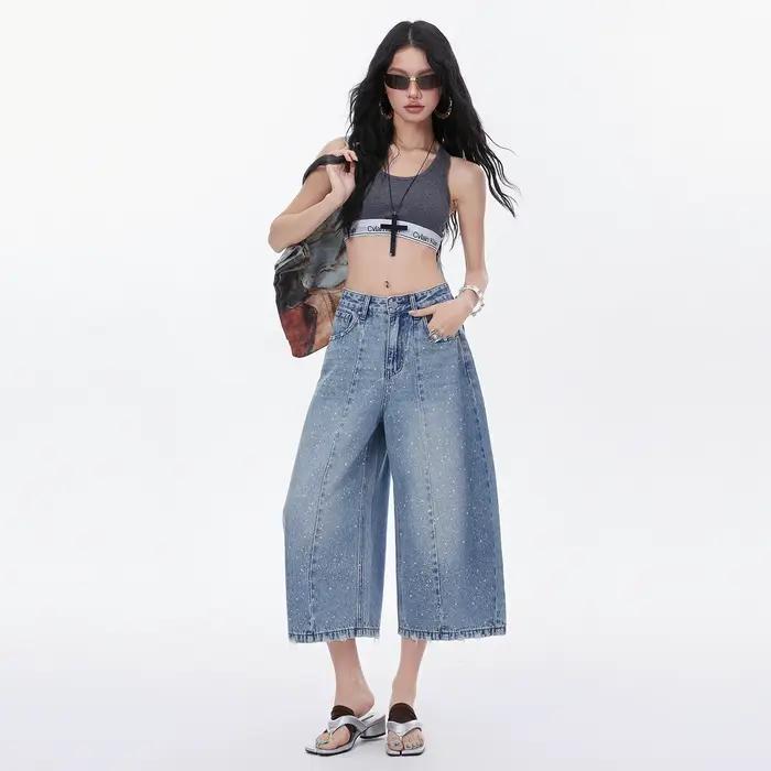 Jean large à huit poches Flash Diamond pour femme, taille 26, coupe décontractée et polyvalente, pan