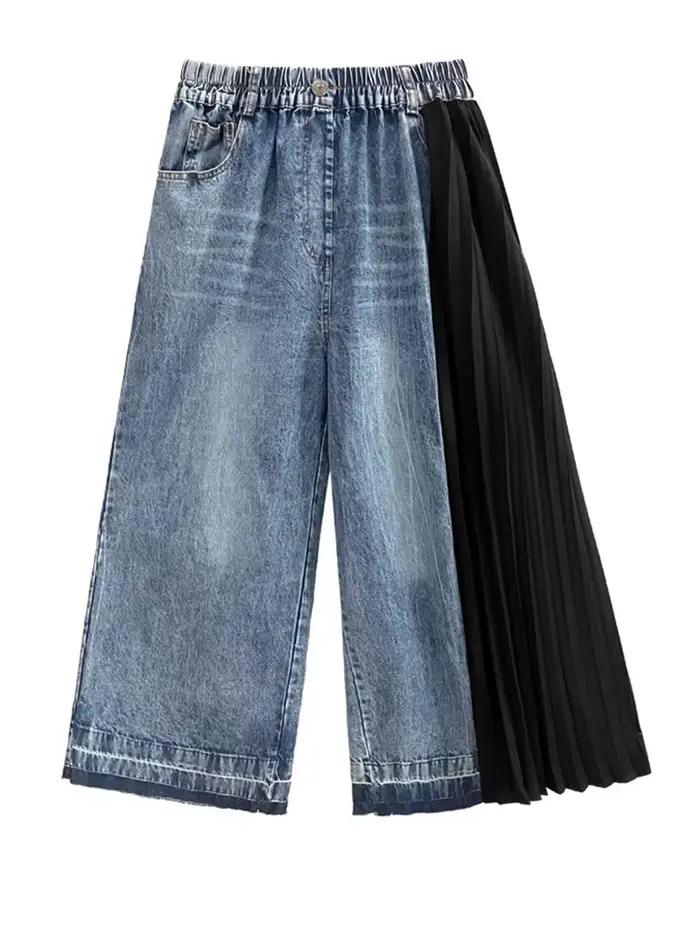 [EAM] taille haute armée vert Denim plissé longue jambe large jean nouveau lâche femmes pantalon mod