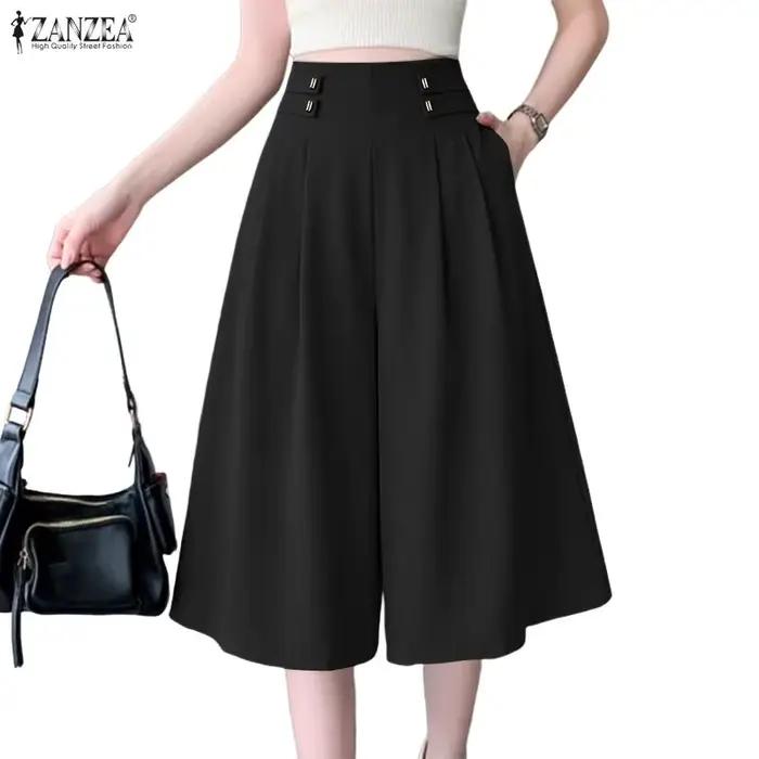 ZANZEA Pantalon Capri décontracté pour femme, coupe large, taille élastique, couleur unie, longueur 