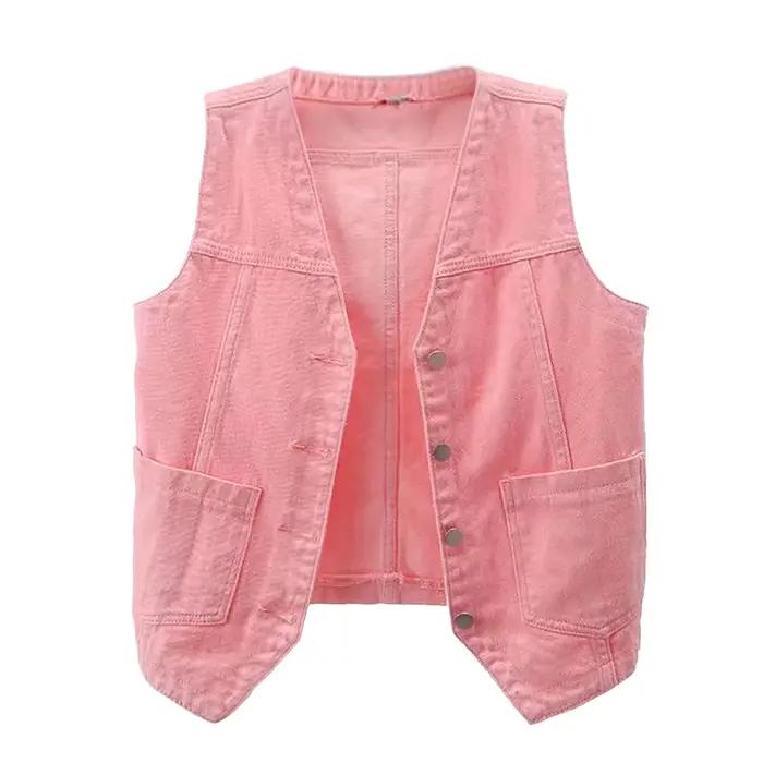 Rose femmes mode avant bouton Denim gilet sans manches gilet veste pour femmes automne Vintage vêtem