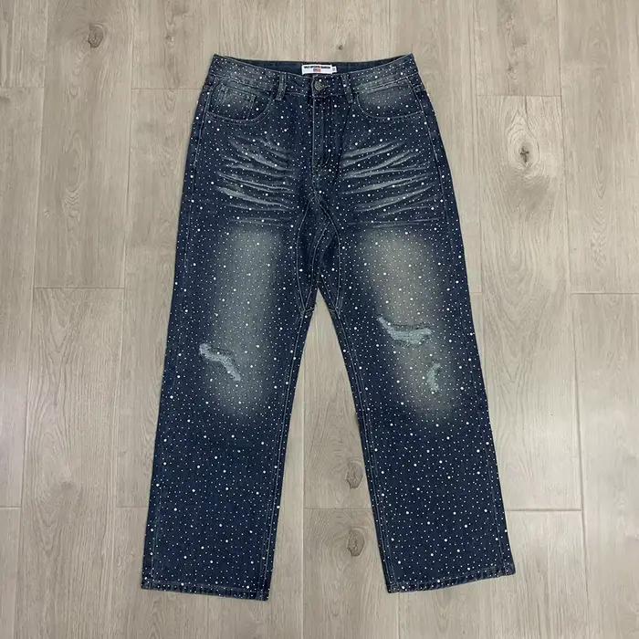 Vintage brillant strass trou lavé en détresse Baggy jean pantalon pour hommes droit décontracté ampl