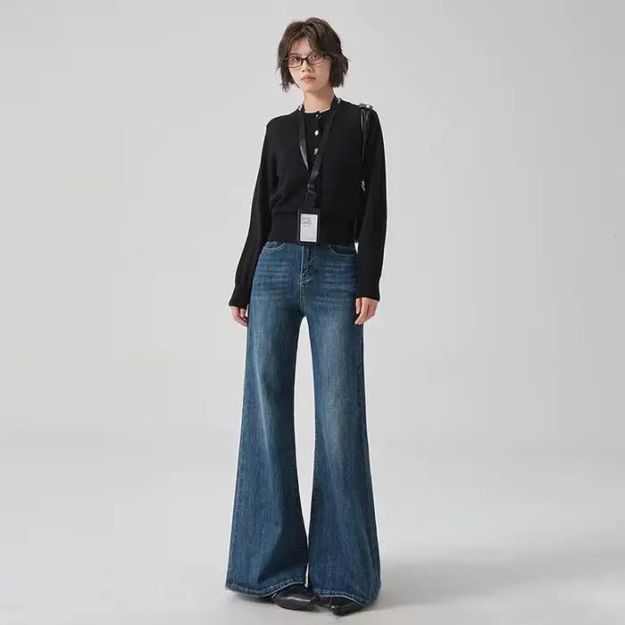 Jean évasé bleu rétro pour femme, Nouveauté Printemps 2026, Pantalon ample longueur cheville