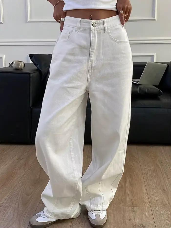 2025 jean ample mode femmes taille haute poche blanc couleur unie rétro jambe large jean décontracté